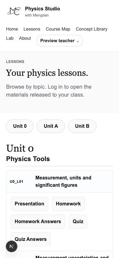 Actual 390 pixel local Lessons page with Unit navigation and resource cards